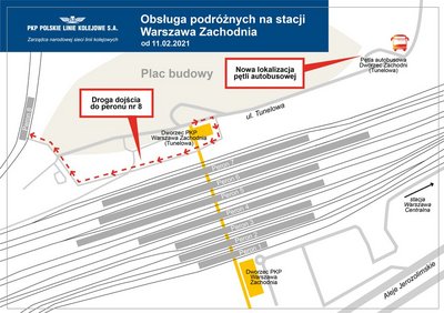 Schemat dotyczący obsługi podróżnych na stacji Warszawa Zachodnia od 11 lutego