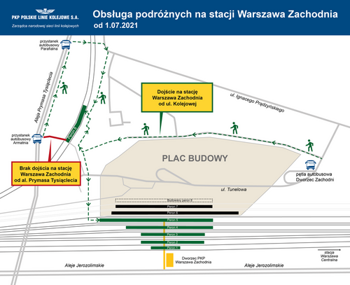 Schemat dotyczący obsługi podróżnych na stacji Warszawa Zachodnia od 01.07.2021