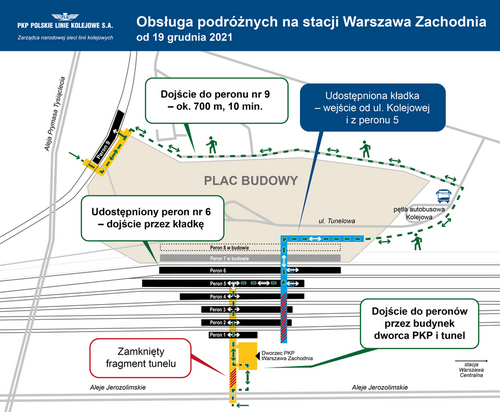 Schemat dotyczący dojścia do peronów na stacji Warszawa Zachodnia od 19 grudnia 2021