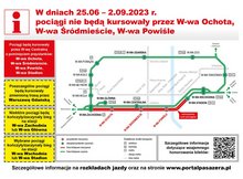 Grafika przedstawia wizualizację połączeń kolejowych Warszawskiego Węzła Kolejowego. Kolorem czerwonym oznaczona przystanki, przy których w dniach 25.06 do 2.09.2023 nie będą zatrzymywały się pociągi. Na grafice napis: W dniach 25.06 – 2.09. 2023 r. pociągi nie będą kursowały przez W-wa Ochota, Śródmieście, Powiśle. Poniżej napis: Szczegółowe informacje na rozkładach jazdy oraz na stronie www.portalpasazera.pl. Autor grafiki: Dariusz Morka