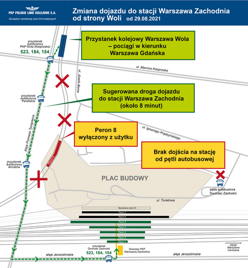 Schemat dotyczący zmiany dojazdu do stacji Warszawa Zachodnia od strony Woli od 29.08.2021