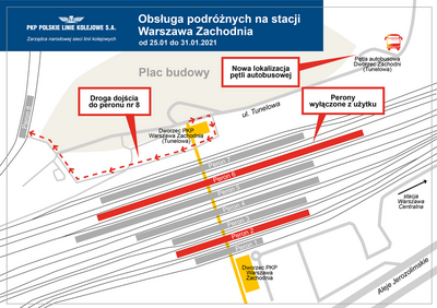 Schemat dotyczący obsługi podróżnych na stacji Warszawa Zachodnia od 25.01.2021