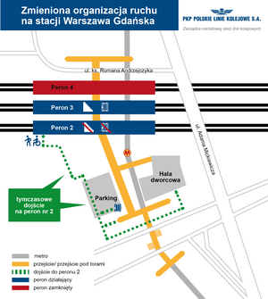 Mapa przestawiająca zmienioną organizację ruchu na stacji Warszawa Gdańska w dniach 30.09.2020 - 23.01.2021