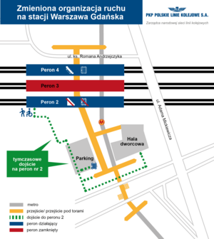 Mapa przestawiająca zmienioną organizację ruchu na stacji Warszawa Gdańska od 27.01.2021