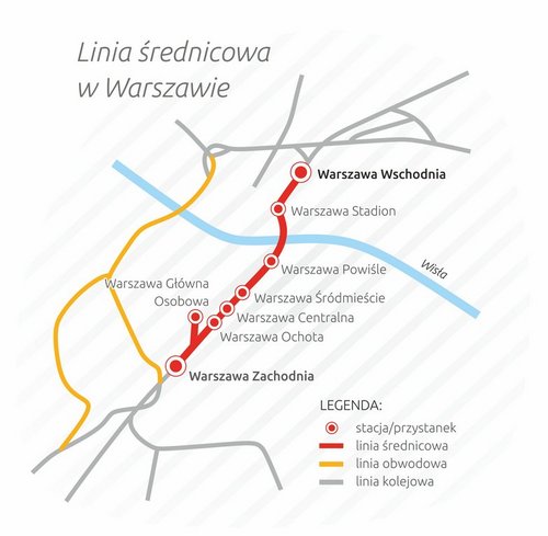 Mapa z zaznaczoną linią średnicową w Warszawie