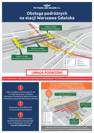 Schemat przedstawiający komunikację na stacjach Warszawa Gdańska i Warszawa Zachodnia. Przedstawione są drogi dojścia z peronów kolejowych do środków komunikacji miejskiej. 