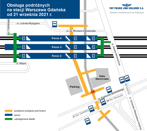 Schemat dotyczący obsługi podróżnych na stacji Warszawa Gdańska od 21 września 2021 r.