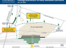 schemat organizacji ruchu drogowego i pieszego w rejonie modernizowanej stacji Warszawa Zachodnia ze wskazaniem tras dojścia, peronów i placu budowy